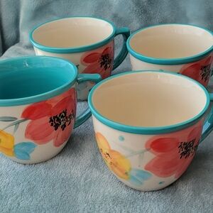 The Pioneer Woman Floral Ceramic Mugs with Turquoise Rim and Handles (Set of 4)